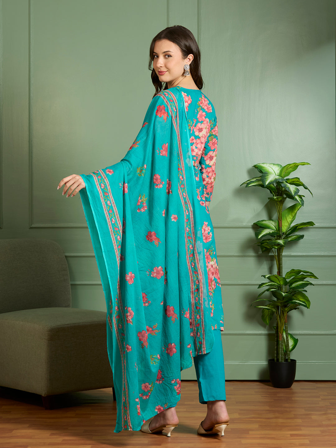 Floral Printed Straight Fit Kurta with Palazzo and Pure Cotton Dupatta - Sea Green