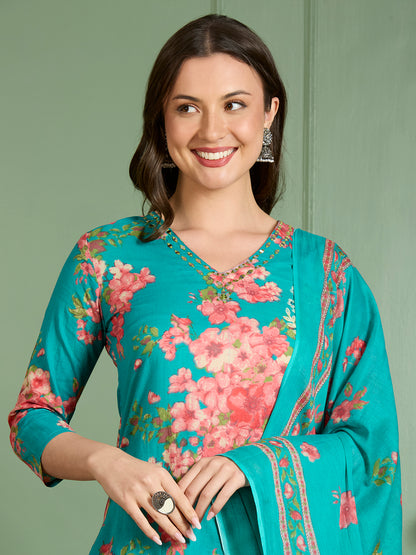 Floral Printed Straight Fit Kurta with Palazzo and Pure Cotton Dupatta - Sea Green