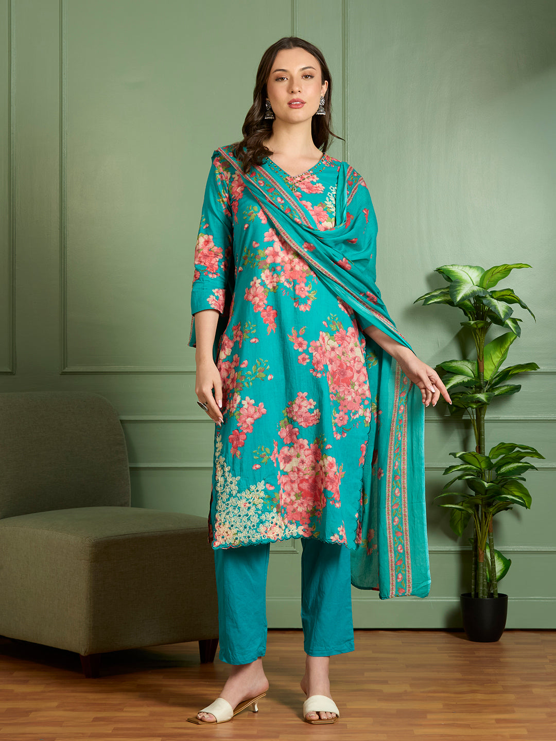Floral Printed Straight Fit Kurta with Palazzo and Pure Cotton Dupatta - Sea Green
