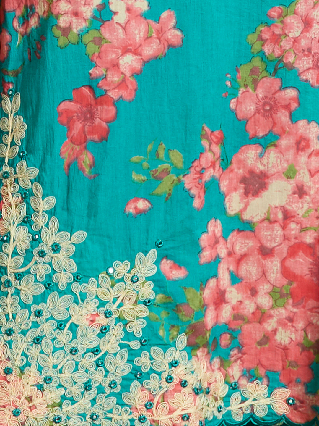 Floral Printed Straight Fit Kurta with Palazzo and Pure Cotton Dupatta - Sea Green