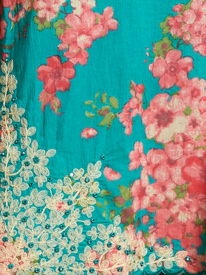 Floral Printed Straight Fit Kurta with Palazzo and Pure Cotton Dupatta - Sea Green
