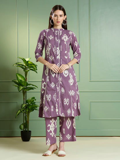 Ikat Printed A-Line Paneled Co-ord Set - Purple