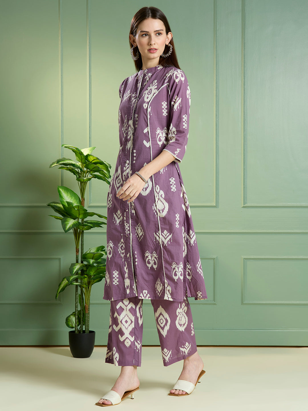 Ikat Printed A-Line Paneled Co-ord Set - Purple