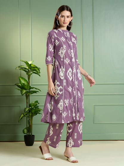 Ikat Printed A-Line Paneled Co-ord Set - Purple