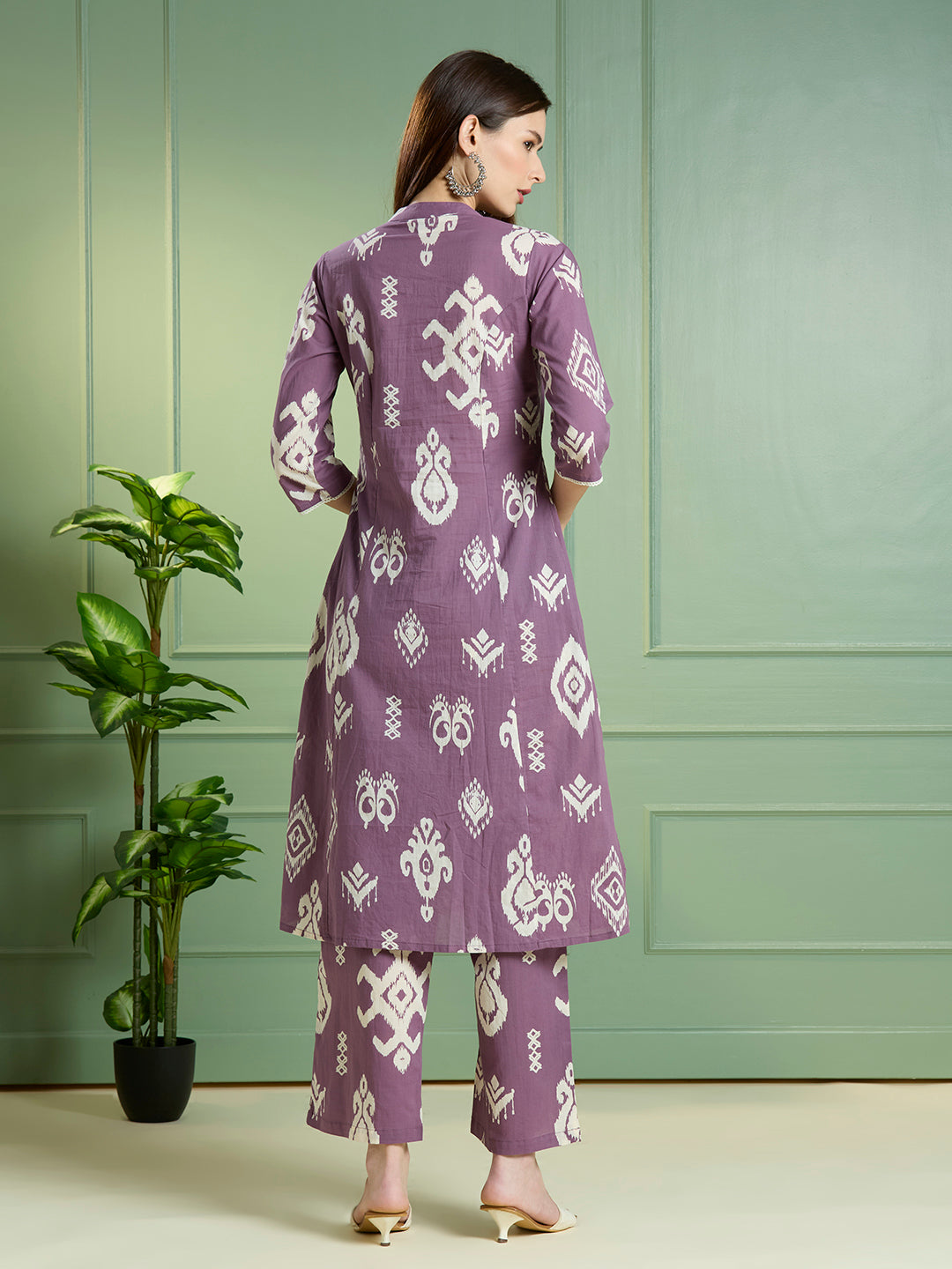 Ikat Printed A-Line Paneled Co-ord Set - Purple
