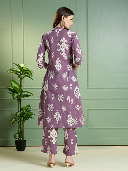 Ikat Printed A-Line Paneled Co-ord Set - Purple