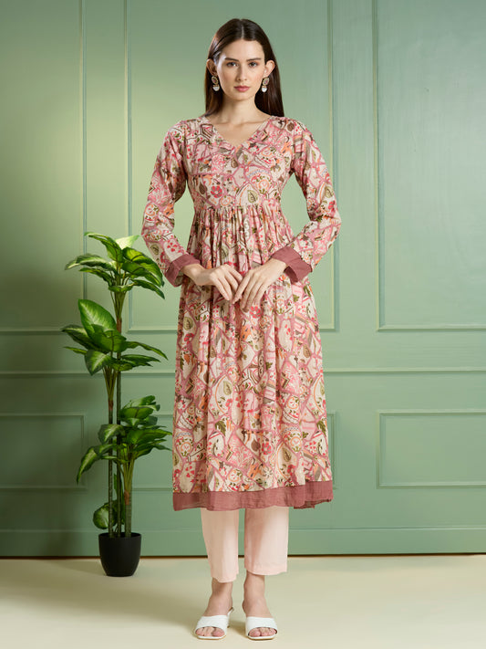 Abstract Floral Printed A-Line Pleated Kurta with Pant - Multi