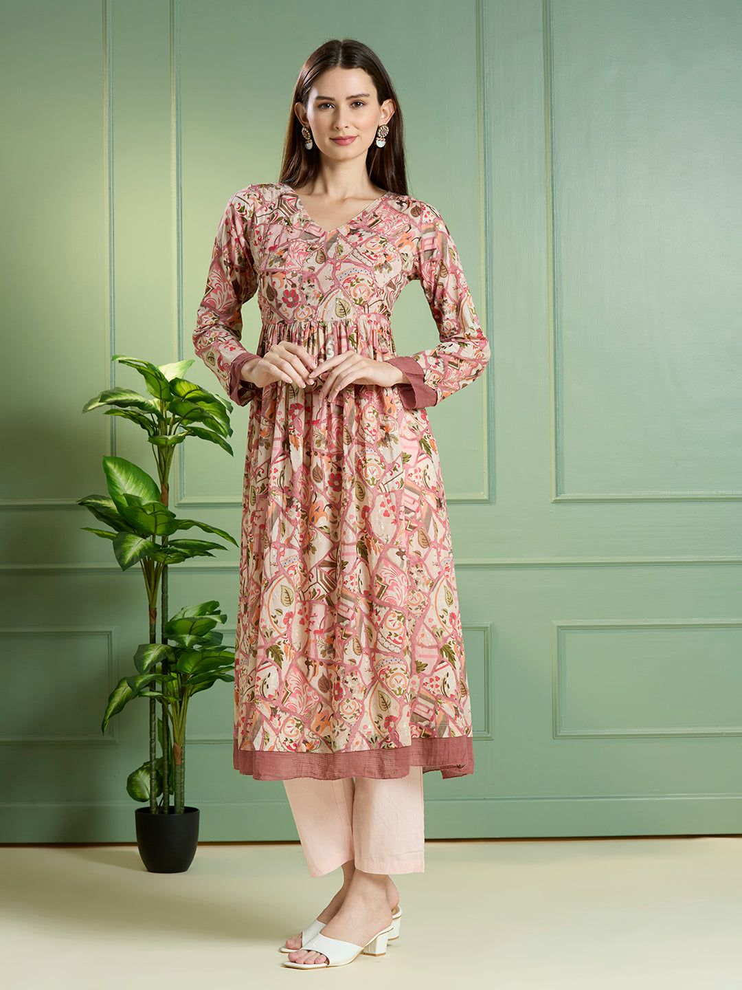 Abstract Floral Printed A-Line Pleated Kurta with Pant - Multi