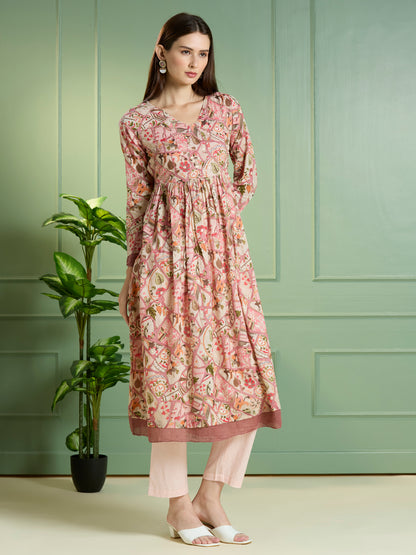Abstract Floral Printed A-Line Pleated Kurta with Pant - Multi