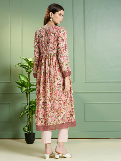 Abstract Floral Printed A-Line Pleated Kurta with Pant - Multi