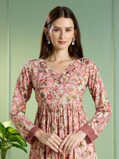 Abstract Floral Printed A-Line Pleated Kurta with Pant - Multi