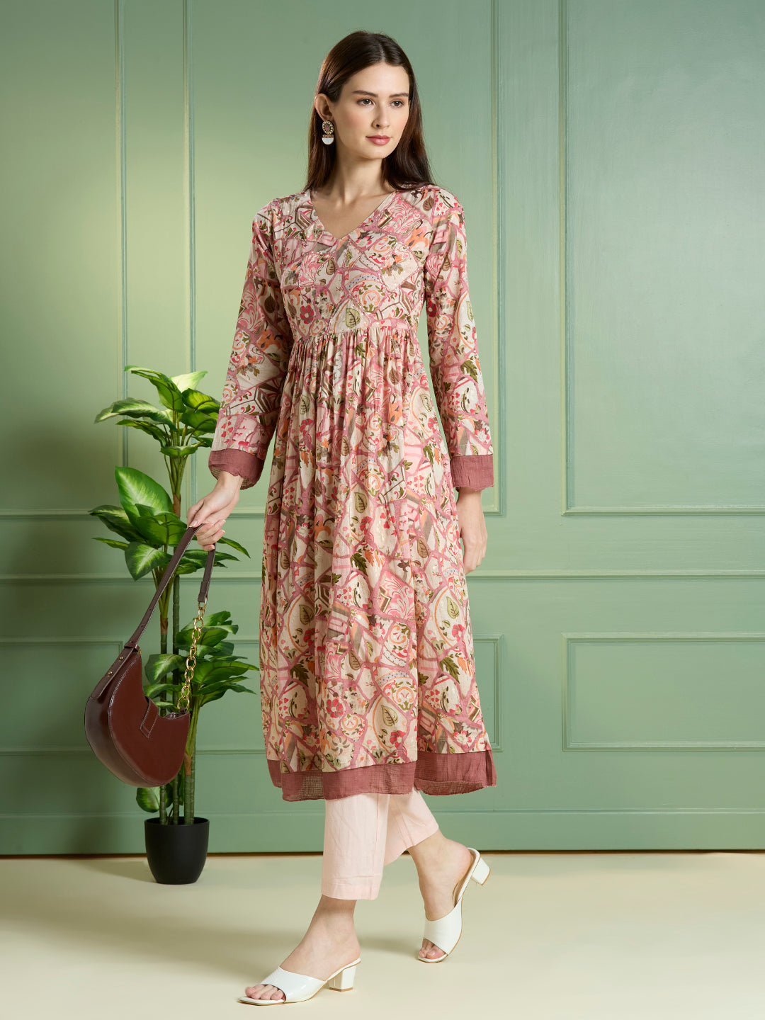 Abstract Floral Printed A-Line Pleated Kurta with Pant - Multi