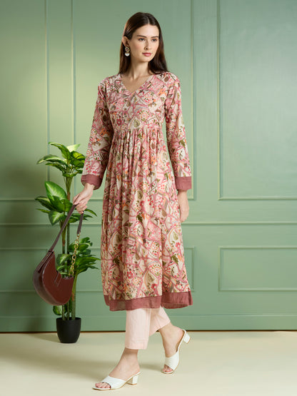 Abstract Floral Printed A-Line Pleated Kurta with Pant - Multi