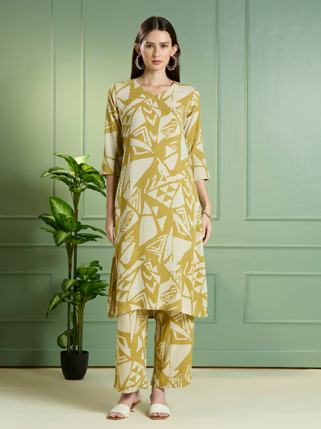 Abstract Printed Straight Fit Co-ord Set - Lime Green