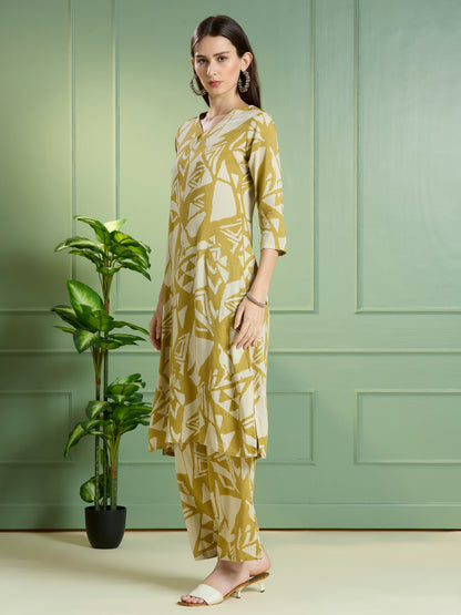 Abstract Printed Straight Fit Co-ord Set - Lime Green