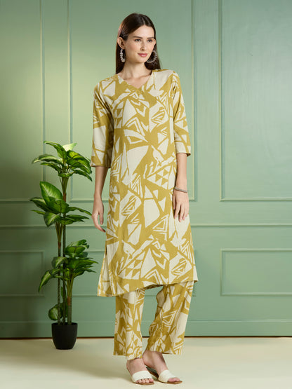 Abstract Printed Straight Fit Co-ord Set - Lime Green
