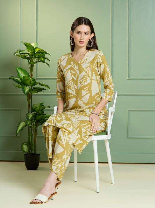 Abstract Printed Straight Fit Co-ord Set - Lime Green