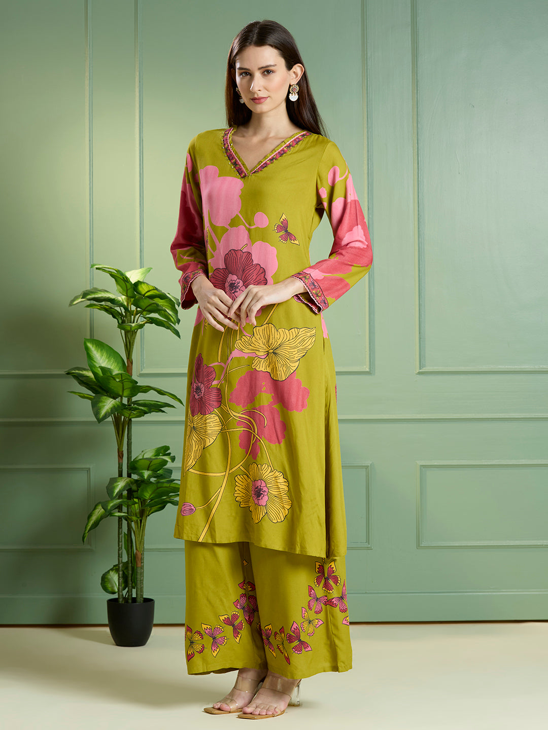 Abstract Floral Printed Straight Fit Co-ord Set - Lime Green