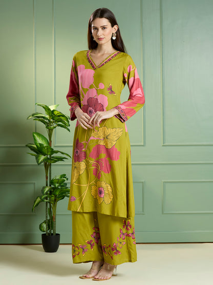 Abstract Floral Printed Straight Fit Co-ord Set - Lime Green