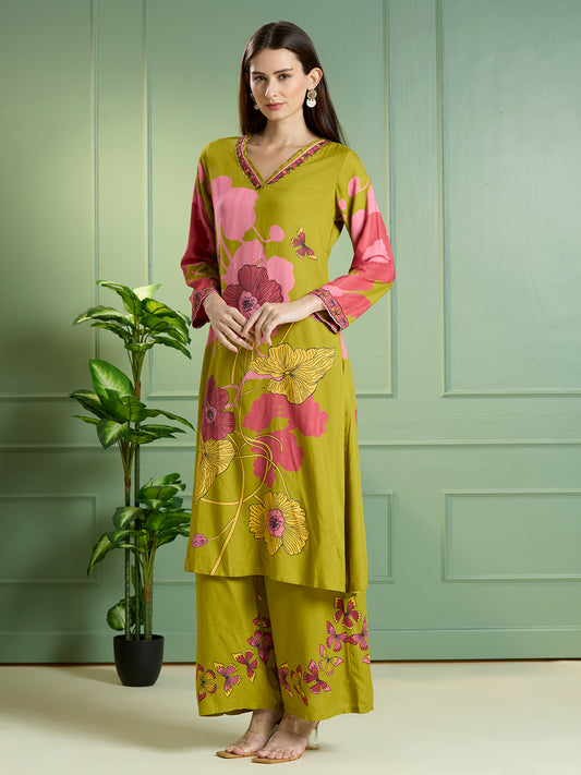 Abstract Floral Printed Straight Fit Co-ord Set - Lime Green