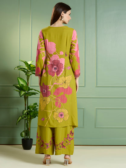 Abstract Floral Printed Straight Fit Co-ord Set - Lime Green