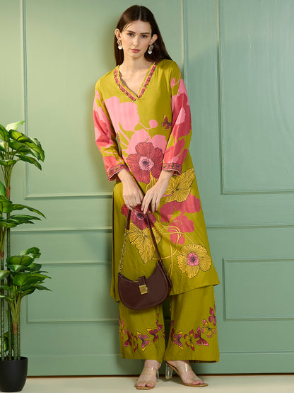Abstract Floral Printed Straight Fit Co-ord Set - Lime Green