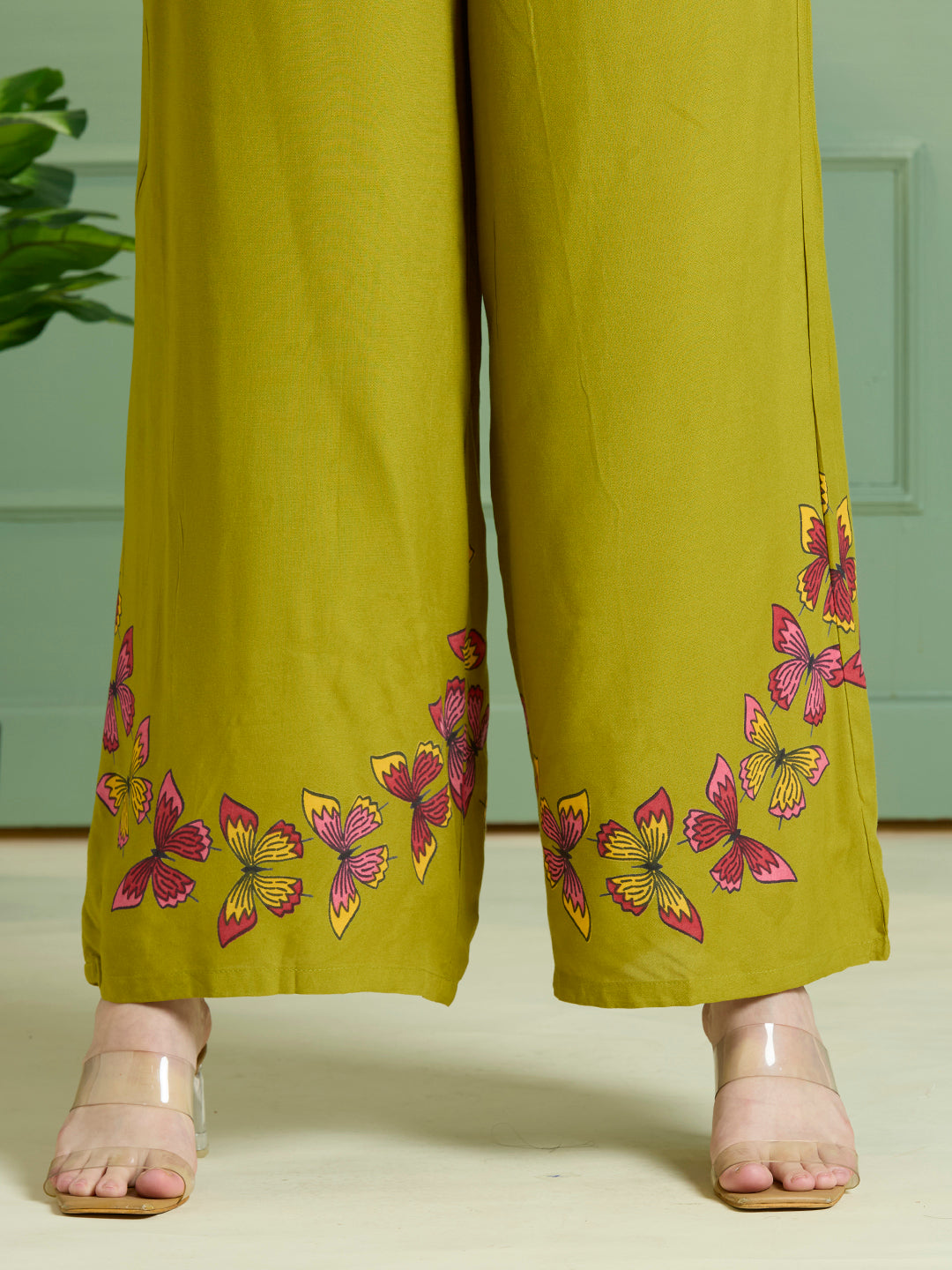 Abstract Floral Printed Straight Fit Co-ord Set - Lime Green