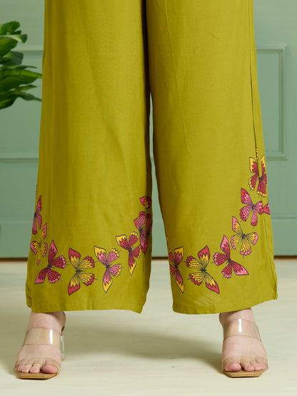 Abstract Floral Printed Straight Fit Co-ord Set - Lime Green