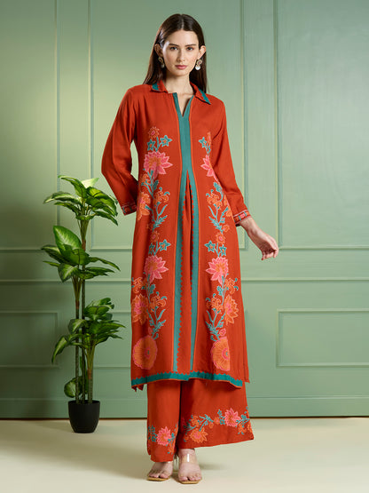 Solid Floral Printed Straight Fit Co-ord Set - Orange