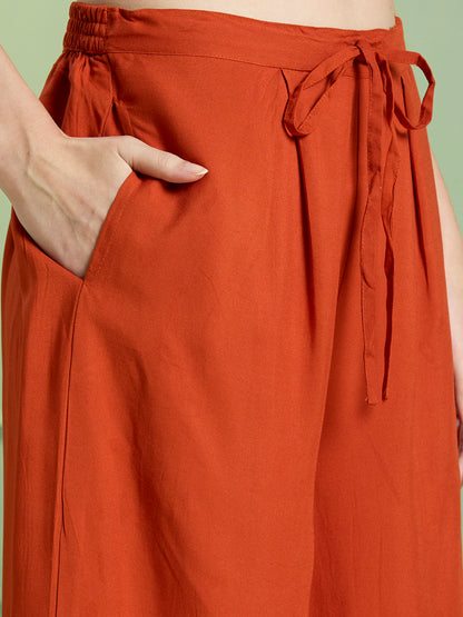 Solid Floral Printed Straight Fit Co-ord Set - Orange