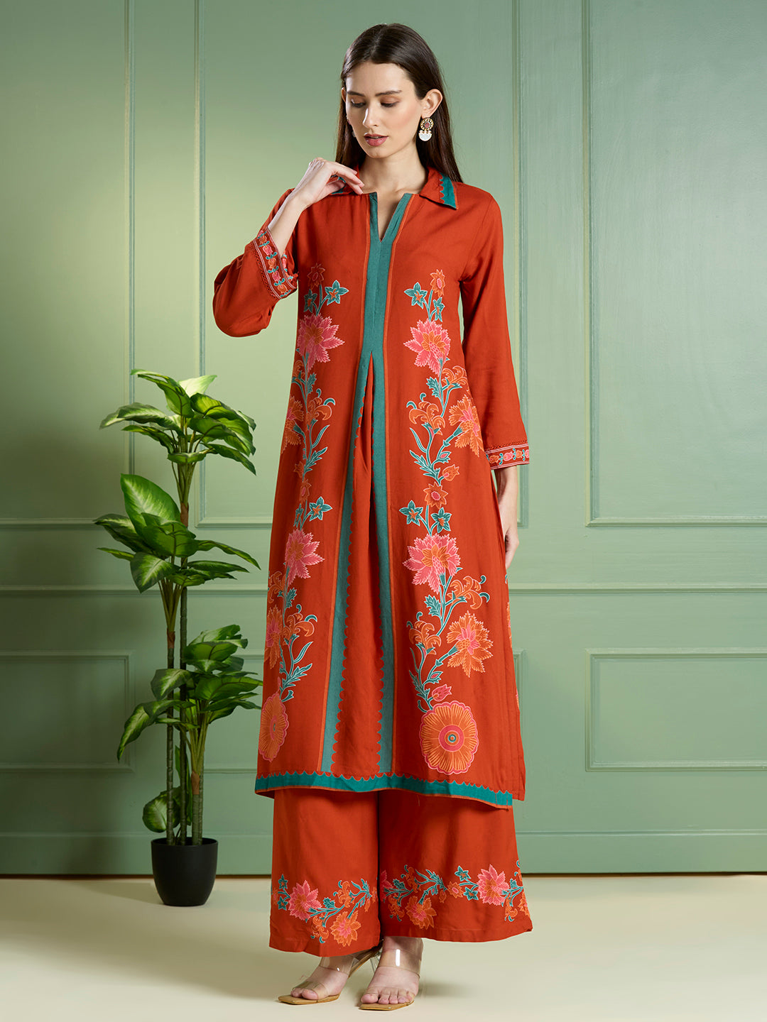 Solid Floral Printed Straight Fit Co-ord Set - Orange