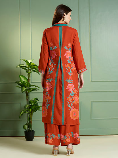 Solid Floral Printed Straight Fit Co-ord Set - Orange