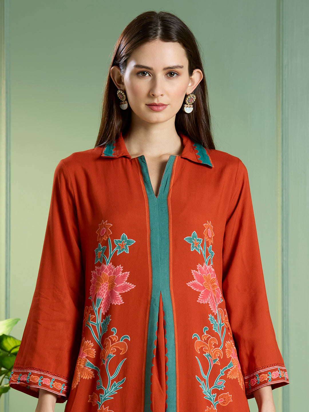 Solid Floral Printed Straight Fit Co-ord Set - Orange