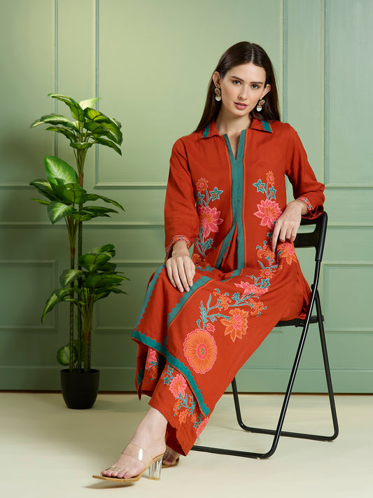 Solid Floral Printed Straight Fit Co-ord Set - Orange