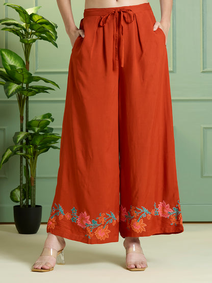 Solid Floral Printed Straight Fit Co-ord Set - Orange