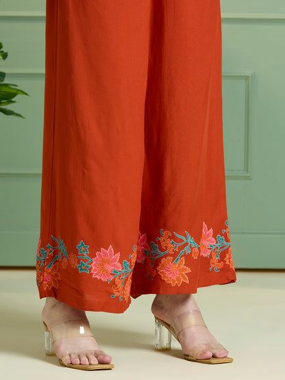 Solid Floral Printed Straight Fit Co-ord Set - Orange