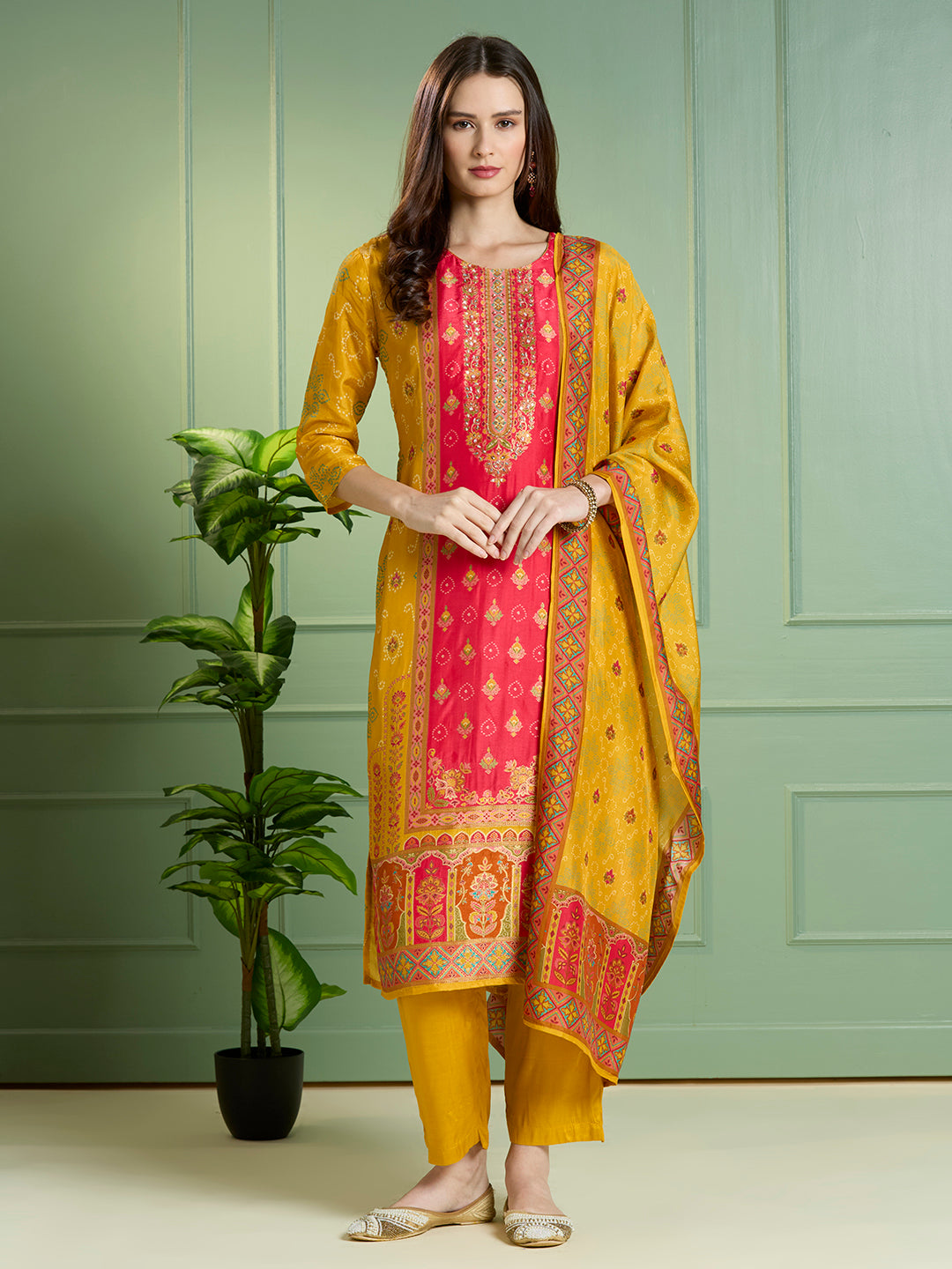Ethnic Floral Printed & Embroidered Straight Fit Kurta with Pant and Dupatta - Mustard