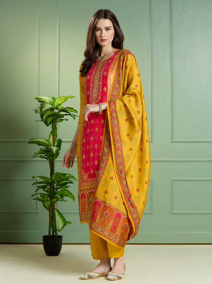 Ethnic Floral Printed & Embroidered Straight Fit Kurta with Pant and Dupatta - Mustard
