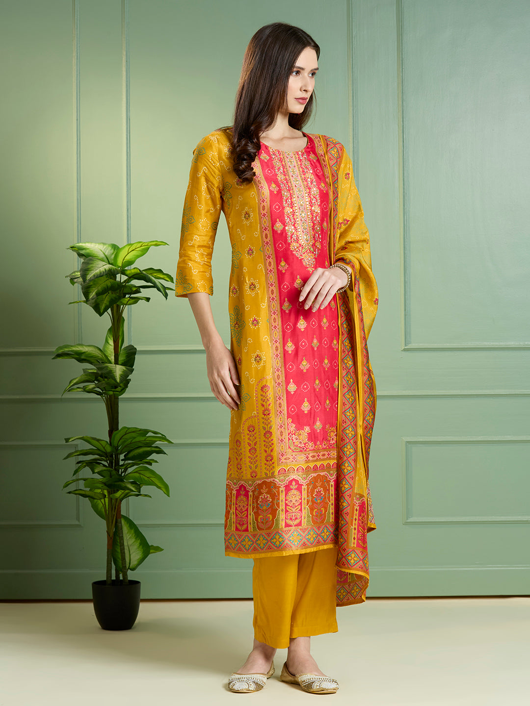 Ethnic Floral Printed & Embroidered Straight Fit Kurta with Pant and Dupatta - Mustard