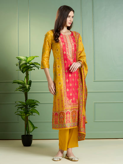 Ethnic Floral Printed & Embroidered Straight Fit Kurta with Pant and Dupatta - Mustard
