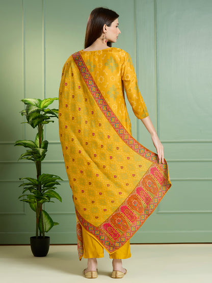 Ethnic Floral Printed & Embroidered Straight Fit Kurta with Pant and Dupatta - Mustard