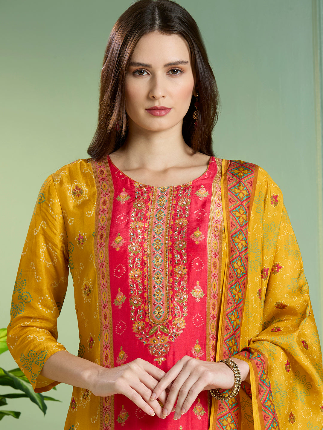 Ethnic Floral Printed & Embroidered Straight Fit Kurta with Pant and Dupatta - Mustard