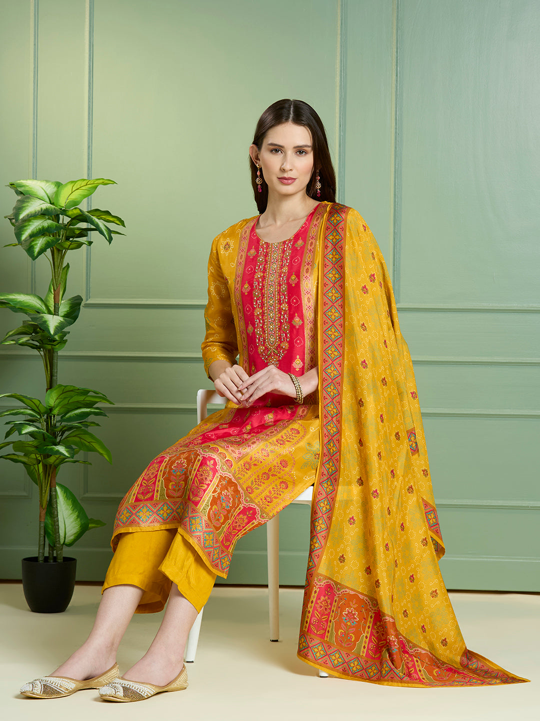 Ethnic Floral Printed & Embroidered Straight Fit Kurta with Pant and Dupatta - Mustard