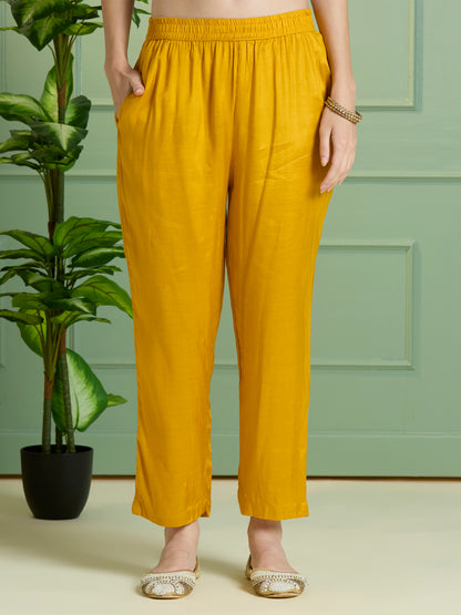 Ethnic Floral Printed & Embroidered Straight Fit Kurta with Pant and Dupatta - Mustard