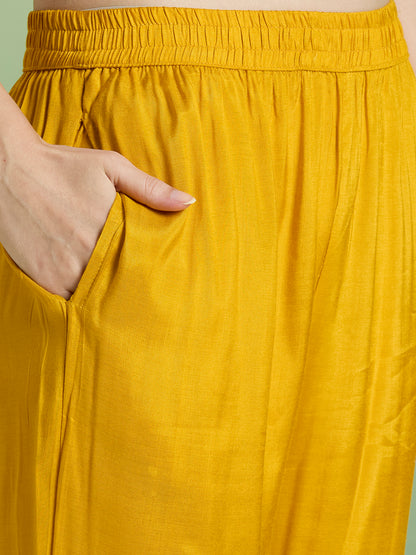 Ethnic Floral Printed & Embroidered Straight Fit Kurta with Pant and Dupatta - Mustard