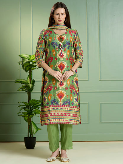 Abstract Ikat Printed Embroidered Straight Kurta with Pant & Dupatta - Green