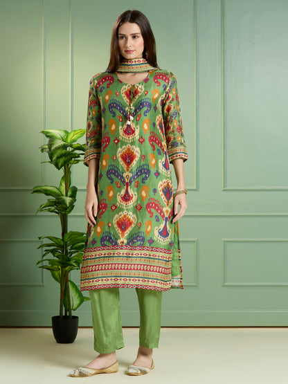 Abstract Ikat Printed Embroidered Straight Kurta with Pant & Dupatta - Green