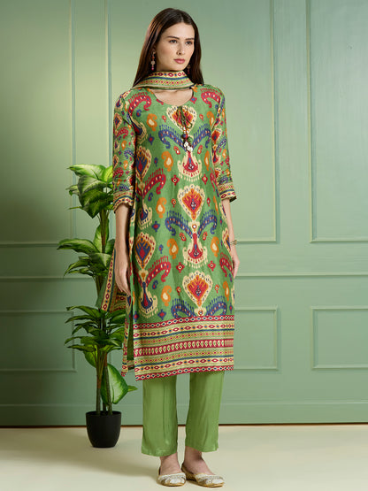 Abstract Ikat Printed Embroidered Straight Kurta with Pant & Dupatta - Green