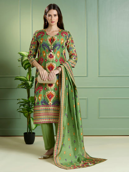 Abstract Ikat Printed Embroidered Straight Kurta with Pant & Dupatta - Green
