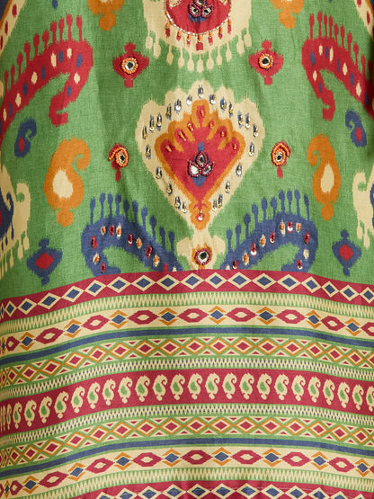 Abstract Ikat Printed Embroidered Straight Kurta with Pant & Dupatta - Green